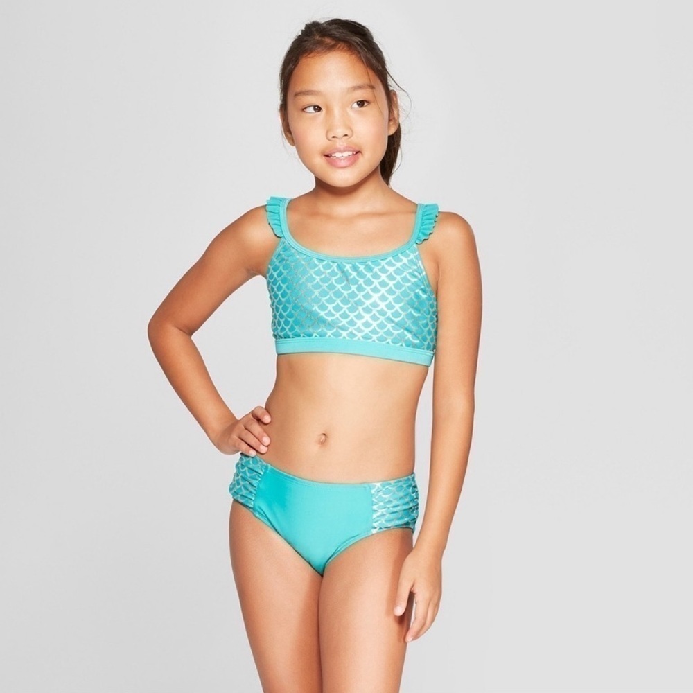 Cat & Jack Girls’ Wild Sea Mermaid Bikini Set Turquoise XXL 18 NWT
